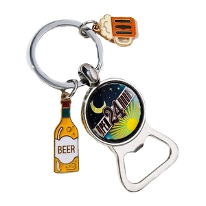 Metal beer bottle opener keychain with Open 24 Hours glass charm and beer charms