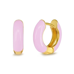 Detail showing high-quality pink enamel on golden geometric hoop earrings with S925 needles