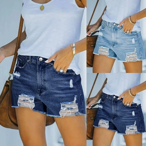 Damen Denim Shorts Hohe Taille Zerrissen Distressed Ausgefranst Saum Dehnbar Casual Sommer Streetwear Baumwolle Jeans