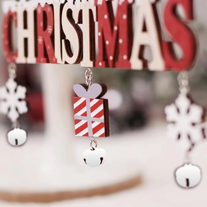 Wooden Christmas hanging ornament with red letters and festive snowflake bell charms