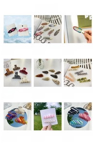 Close-up of candy-colored hair clips in various styles including resin and marble textures
