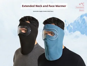 Winter thermal fleece face mask with detachable goggles and long neck protection cover