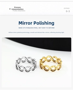 Detailed macro view of laser-cut smiley face rings in polished silver and gold stainless steel