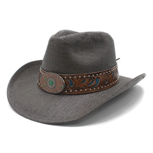 Brown woven western cowboy hat with vintage leather band and turquoise metal buckle