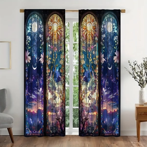Detail of sun moon and star stained glass style blackout curtain in modern living room
