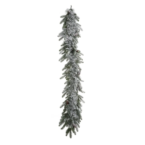 Frosted Christmas garland with dense green needles, snowy accents and natural pinecones