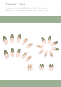 Detail of camellia floral press-on nails with pearls in Morandi green and nude pink