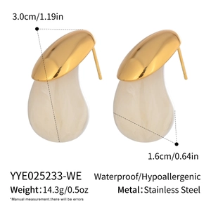 Detailed view of teardrop earrings measuring 3.0cm by 1.6cm with material specifications