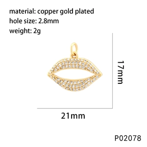 Lip-shaped gold plated necklace pendant with colorful cubic zirconia and dimensions