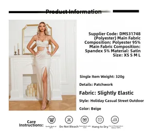 Tabella taglie e dettagli tessuto per abito lungo in raso beige con spacco alto laterale