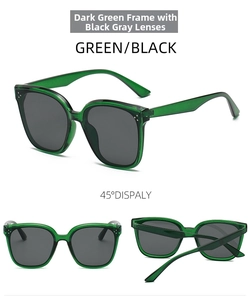 Detail view of dark green translucent square sunglasses with silver rivet accents