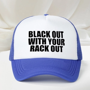 Detail of blue and white trucker hat with BLACK OUT print and breathable mesh back