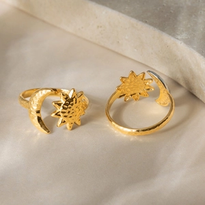 18K gold plated sun and moon open rings with handcrafted hammered texture finish