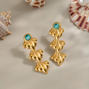 Boucles d'oreilles coquillage en acier inoxydable doré 18K avec zircon bleu et perles