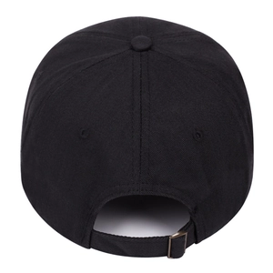 Close-up of the adjustable metal buckle and stitching on a black cotton baseball cap