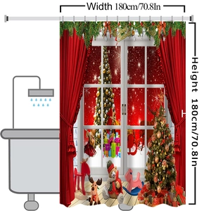 Detailed Christmas shower curtain with snow window view and gift motifs, 180x180cm size