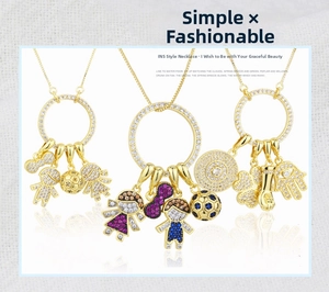 Detailed macro of gold plated necklaces with colorful cubic zirconia and various pendants