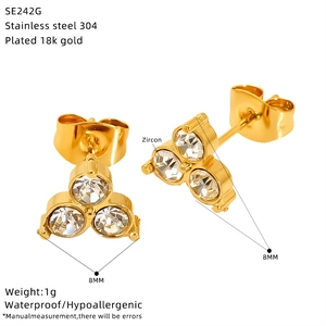 Technical view of 8mm 18k gold plated stainless steel triangle earrings with zircons
