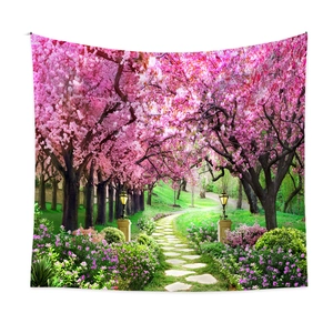 Detail showing the landscape tapestry with cherry blossom forest path and vibrant colors
