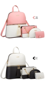 Detail of multi-functional 4-piece backpack set with tassels and Saffiano faux leather texture