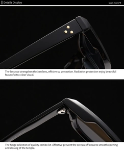Detail of vintage black sunglasses showing metal hinges and triple rivet accents