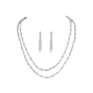 Luxurious silver bridal jewelry set with layered rhinestone necklace and tassel earrings