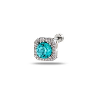 Exquisite square stud earring in silver titanium steel with teal center stone and halo