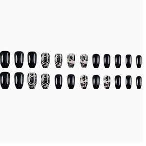 24pcs set of elegant black and white rose pattern press-on nails with glossy finish