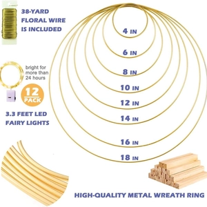 DIY metal hoop set with 8 sizes of gold rings, LED fairy lights and wooden bases