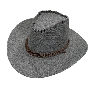 Classic dark grey linen western cowboy hat with wide brim and woven rope band detail