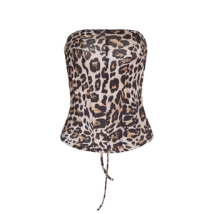 Detailed view of the leopard print corset top with boning structure and wild pattern