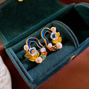 French vintage flower stud earrings with crystals and pearls on deep blue enamel finish
