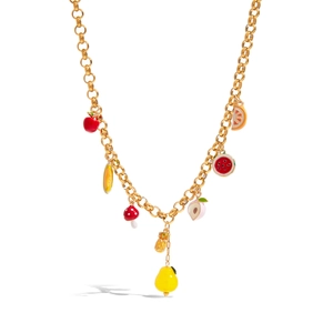Detailed close-up of 18K gold-plated chain with colorful fruit charms and pearls