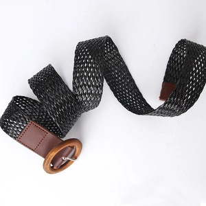 Ethnic style woven waist belt for women with black braided strap and round wooden buckle
