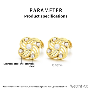 Detail view of 18mm gold stainless steel spiral flower earrings with shell pearls