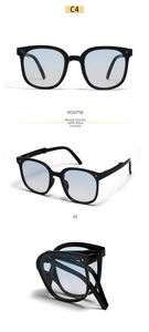 Foldable sunglasses with black frame and blue lenses shown in front and 45-degree views