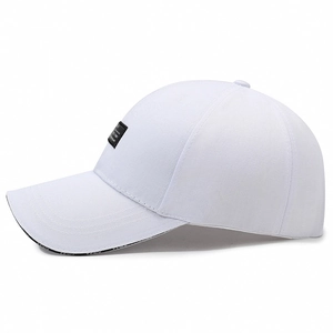Minimalist white cotton baseball cap with side patch and letter embroidery on brim