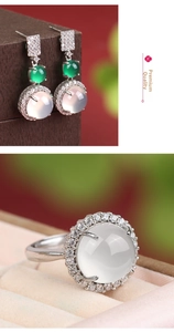 Detailed macro view of chalcedony jewelry set with silver base and diamond inlay