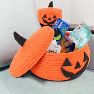 Halloween pumpkin cotton rope storage basket set with lid for snacks and home organization