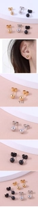 Close-up of 5mm ball stud earrings in gold, silver, and black finish with measurements