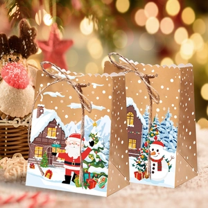 Gingerbread house Christmas kraft paper gift bags with Santa and snowman patterns