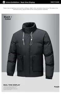 Detail view of winter black padded jacket with hooded drawstring and large cargo pockets