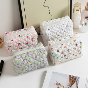 Quilted floral cotton cosmetic bags with cherry and bear patterns for travel storage