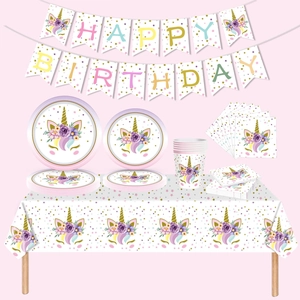 Rainbow unicorn birthday party set including paper plates, cups, napkins and banner