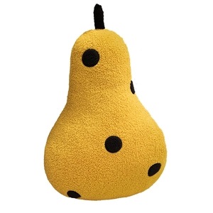 Cartoon pear plush pillow in yellow sherpa fabric with black polka dots on white background