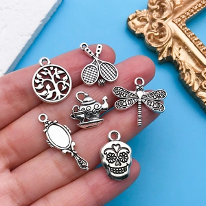 Set of 6 silver vintage alloy charms including tree of life and tea pot for DIY jewelry