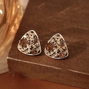 Geometric Triangle Hollow Stud Earrings For Women Alloy Multicolored Rhinestones With Silver Earring Post Vintage Style