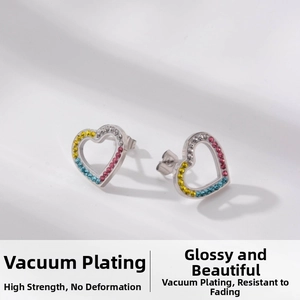 Macro shot of heart-shaped earrings with colorful zircon inlay and rainbow crystal detail