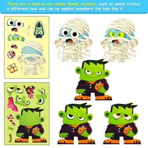 6 sheets of Halloween puzzle stickers with DIY mummy and Frankenstein character faces