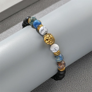Herren Armband 8mm mit Löwenkopf, weißem Türkis und blauen Kaiserstein Perlen